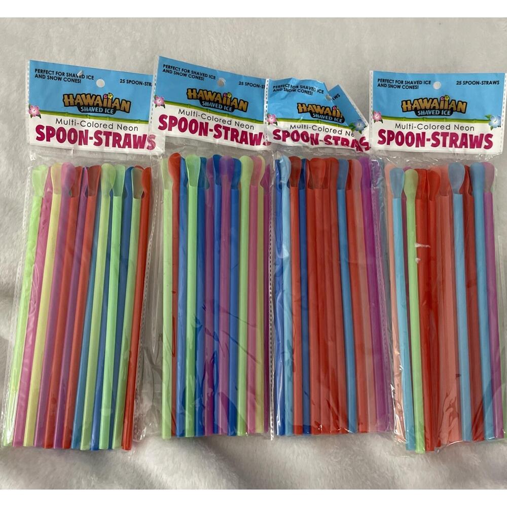 Shaved Ice Spoon Straws 100 Multi-Colored Neon 8 Inch Hawaiian Snow Cone Slushy